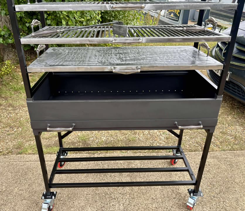 Large Outdoor Charcoal Grill | Industrial Rolling BBQ Station | Made-to-Order | 100cm Firebox with Plancha