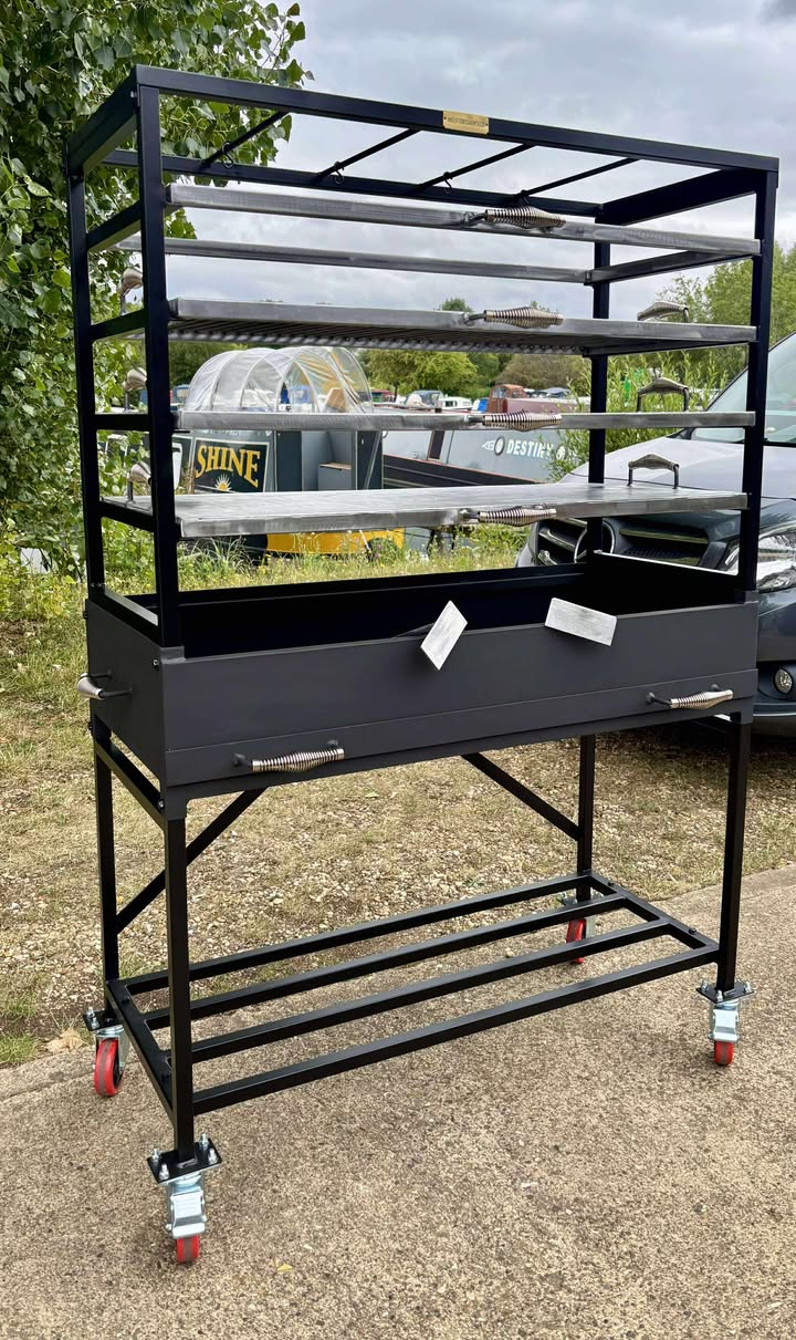 Large Outdoor Charcoal Grill | Industrial Rolling BBQ Station | Made-to-Order | 100cm Firebox with Plancha