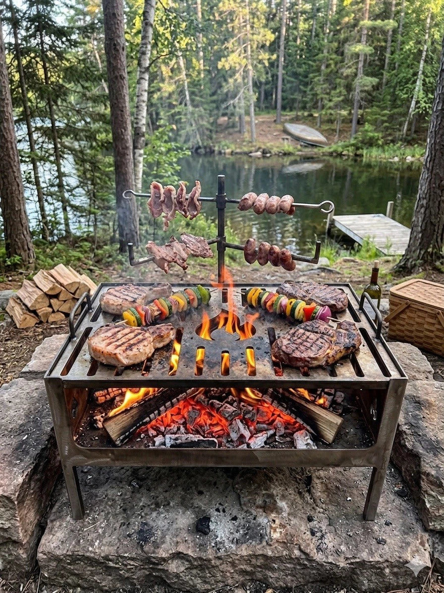 Handmade Heavy Duty Steel BBQ Grill with Detachable Grate & Pot Hooks – 3mm Thick, Portable Camping & Garden Fire Pit